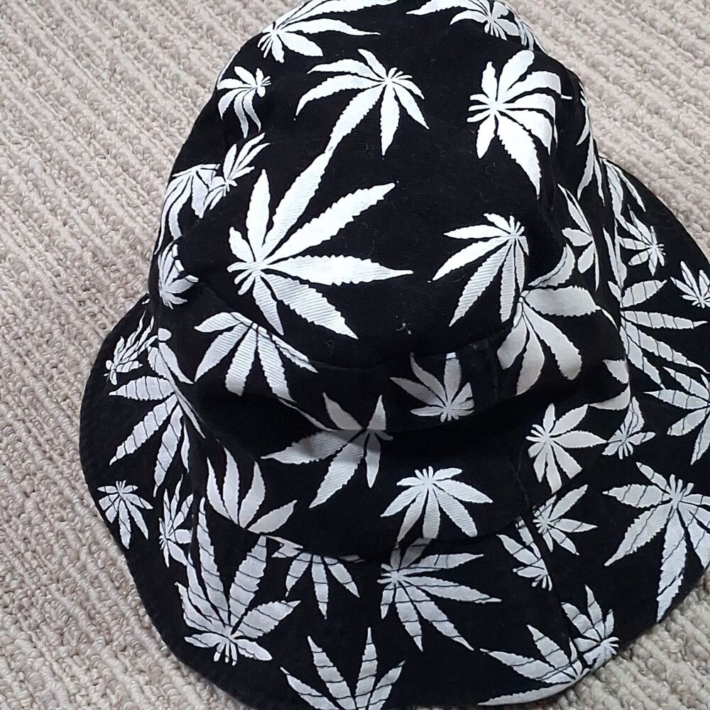 MARIJUANA WEED POT LEAF BUCKET HAT BLACK WHITE COTTON SUN CAP FESTIVAL UNISEX